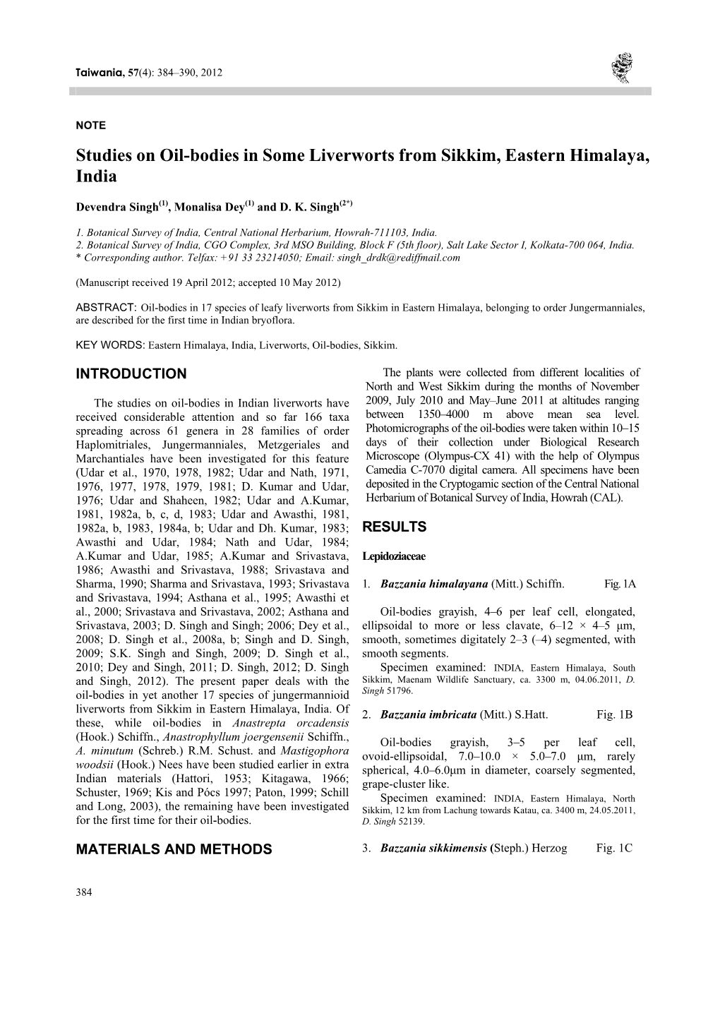 Studies on Oil-Bodies in Some Liverworts from Sikkim, Eastern Himalaya, India