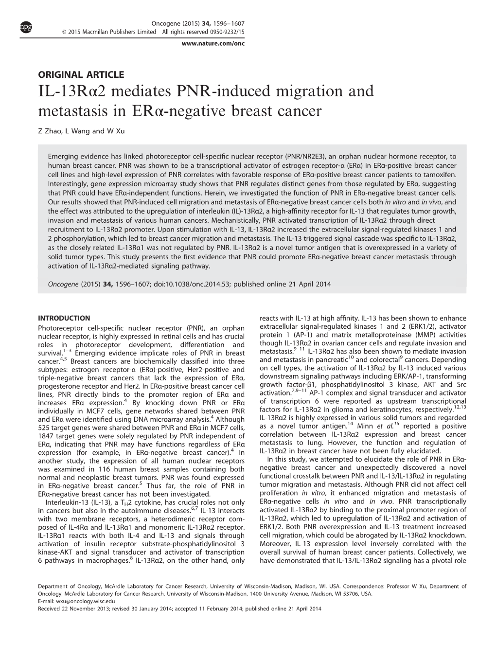 2 Mediates PNR-Induced Migration and Metastasis in ER&Alpha