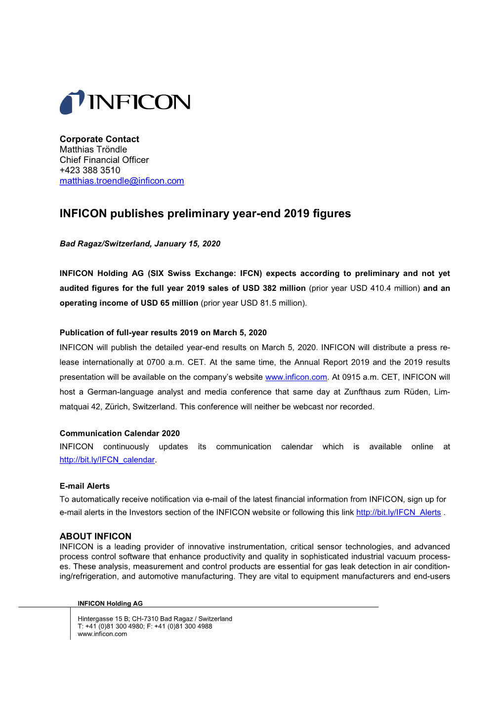 INFICON Publishes Preliminary Year-End 2019 Figures