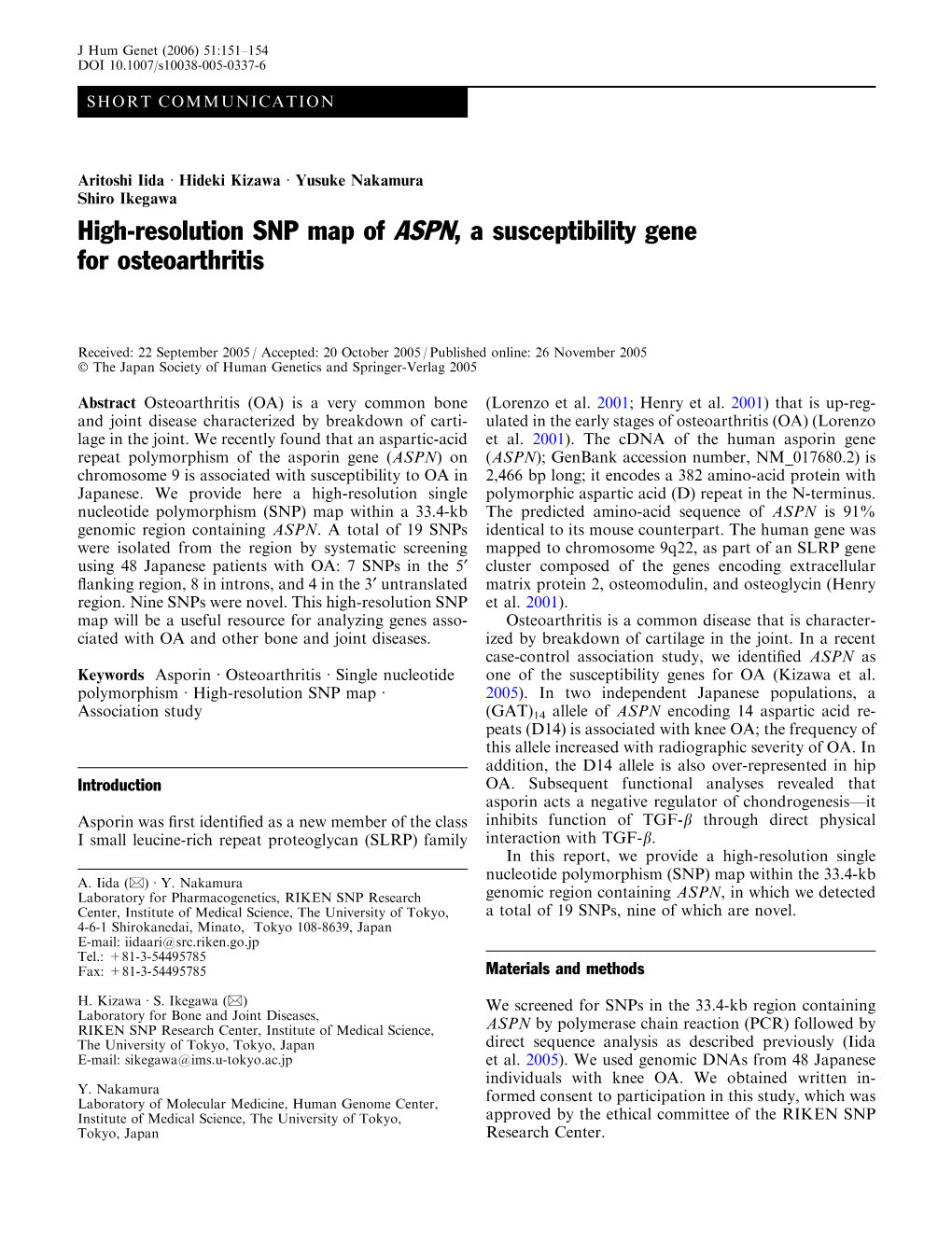 High-Resolution SNP Map of ASPN, a Susceptibility Gene for Osteoarthritis