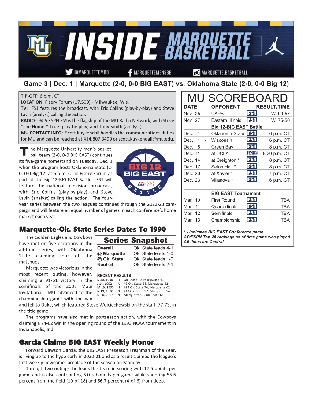 Marquette Game Notes Page 2 INJURY REPORT LAST GAME STARTERS Player (Injury) Status NAME POS