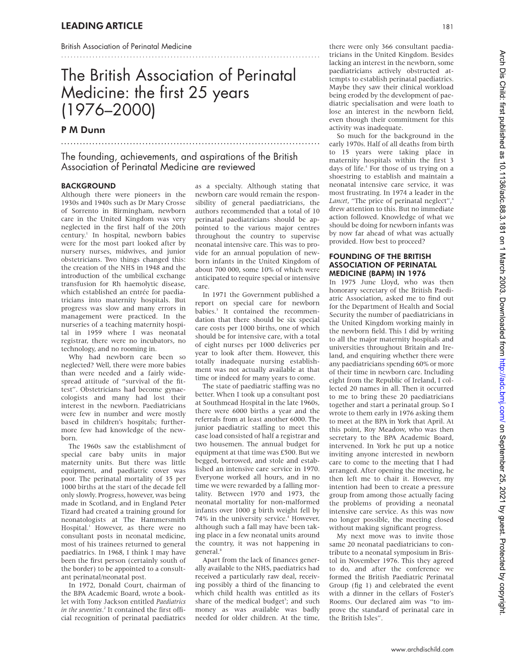 The British Association of Perinatal Medicine: the First 25 Years (1976