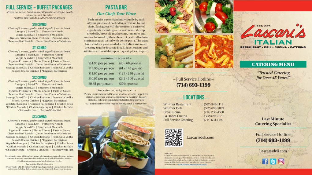 Catering Menu Pasta Bar Full Service