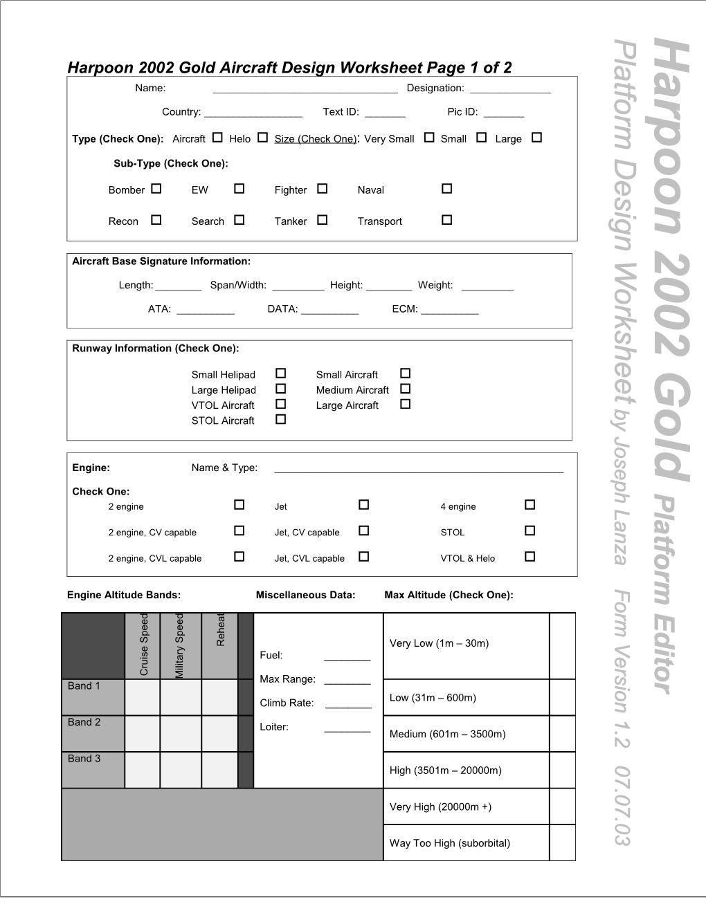 Harpoon 2002 Gold Aircraft Design Worksheet Page 1 of 2 Name: ______Designation: ______