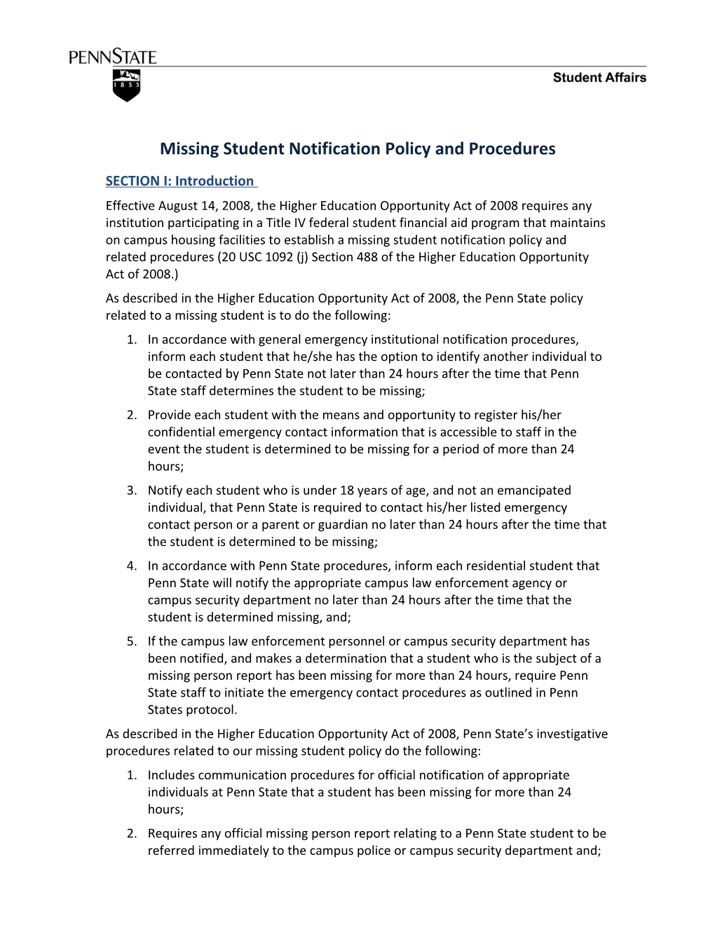 Missing Student Notification Policy and Procedures