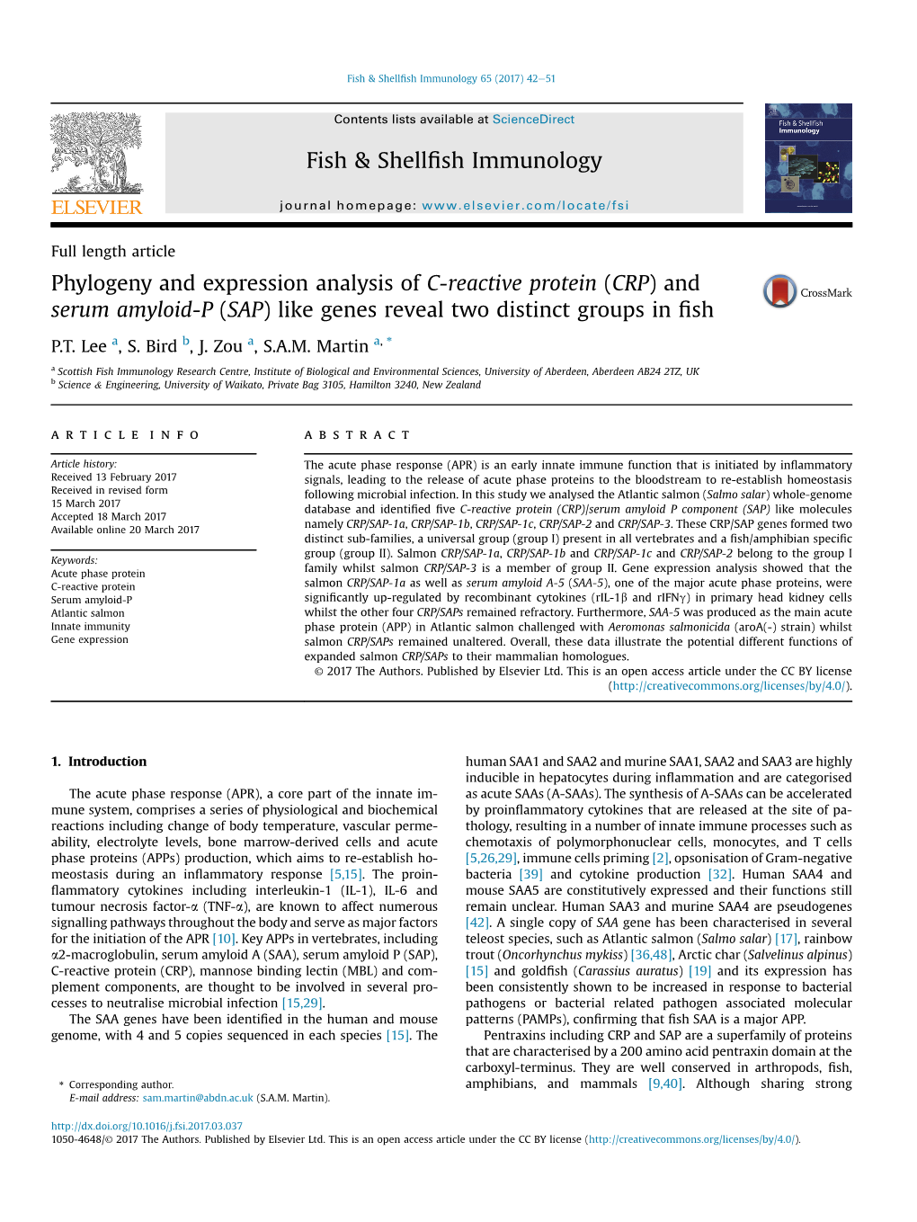 Phylogeny and Expression Analysis of C-Reactive Protein (CRP) and Serum Amyloid-P (SAP) Like Genes Reveal Two Distinct Groups in ﬁsh