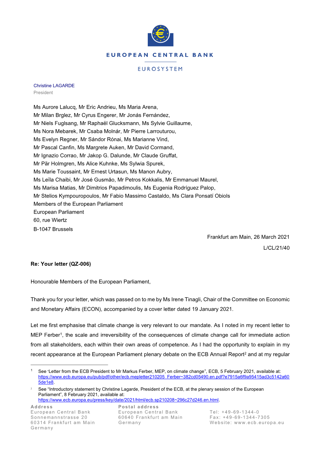 Letter from the ECB President to Several Meps, on Climate Change