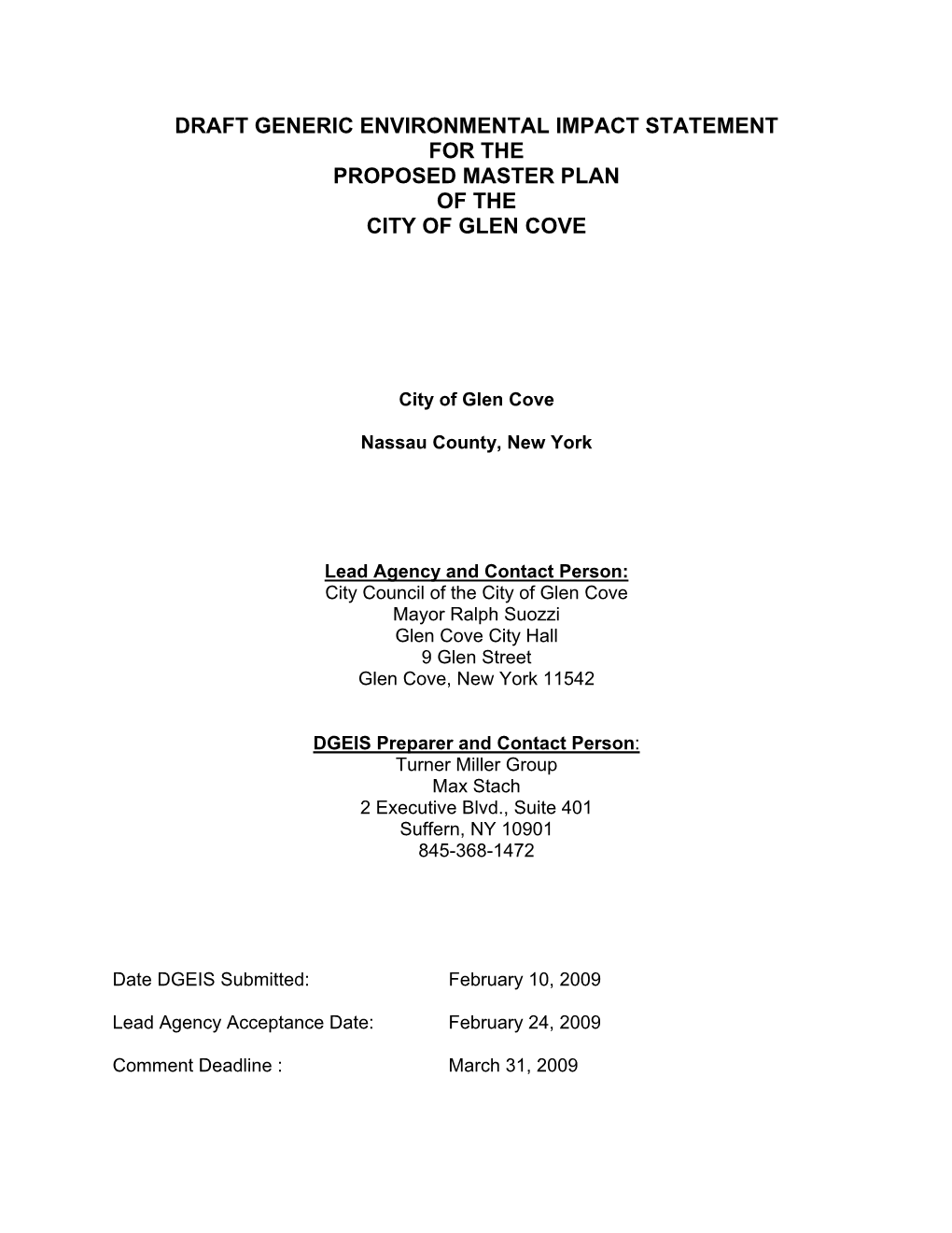 Draft Generic Environmental Impact Statement for the Proposed Master Plan of the City of Glen Cove