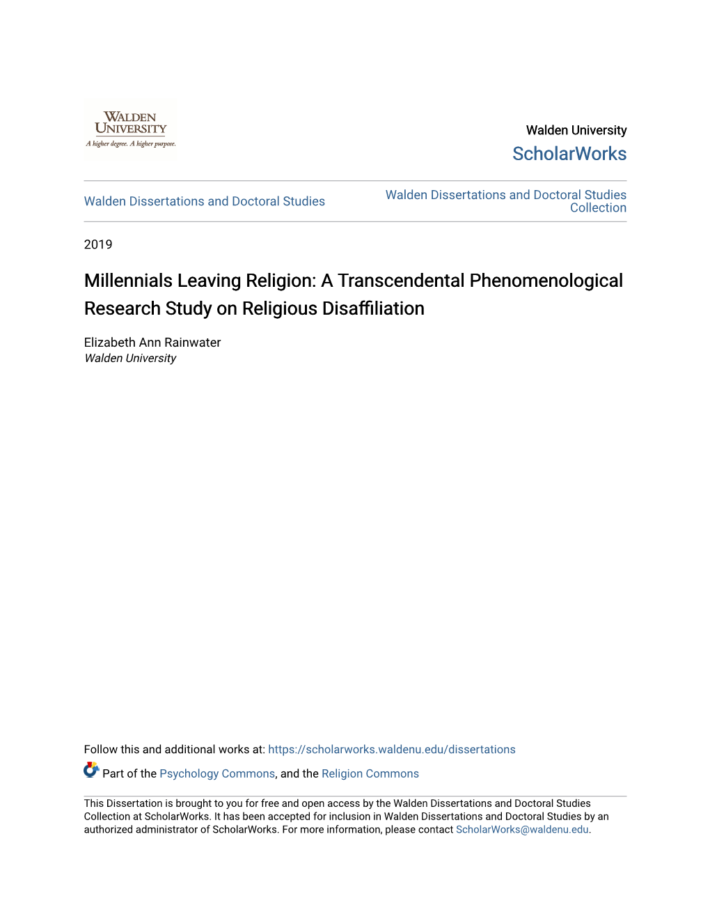 Millennials Leaving Religion: a Transcendental Phenomenological Research Study on Religious Disaffiliation