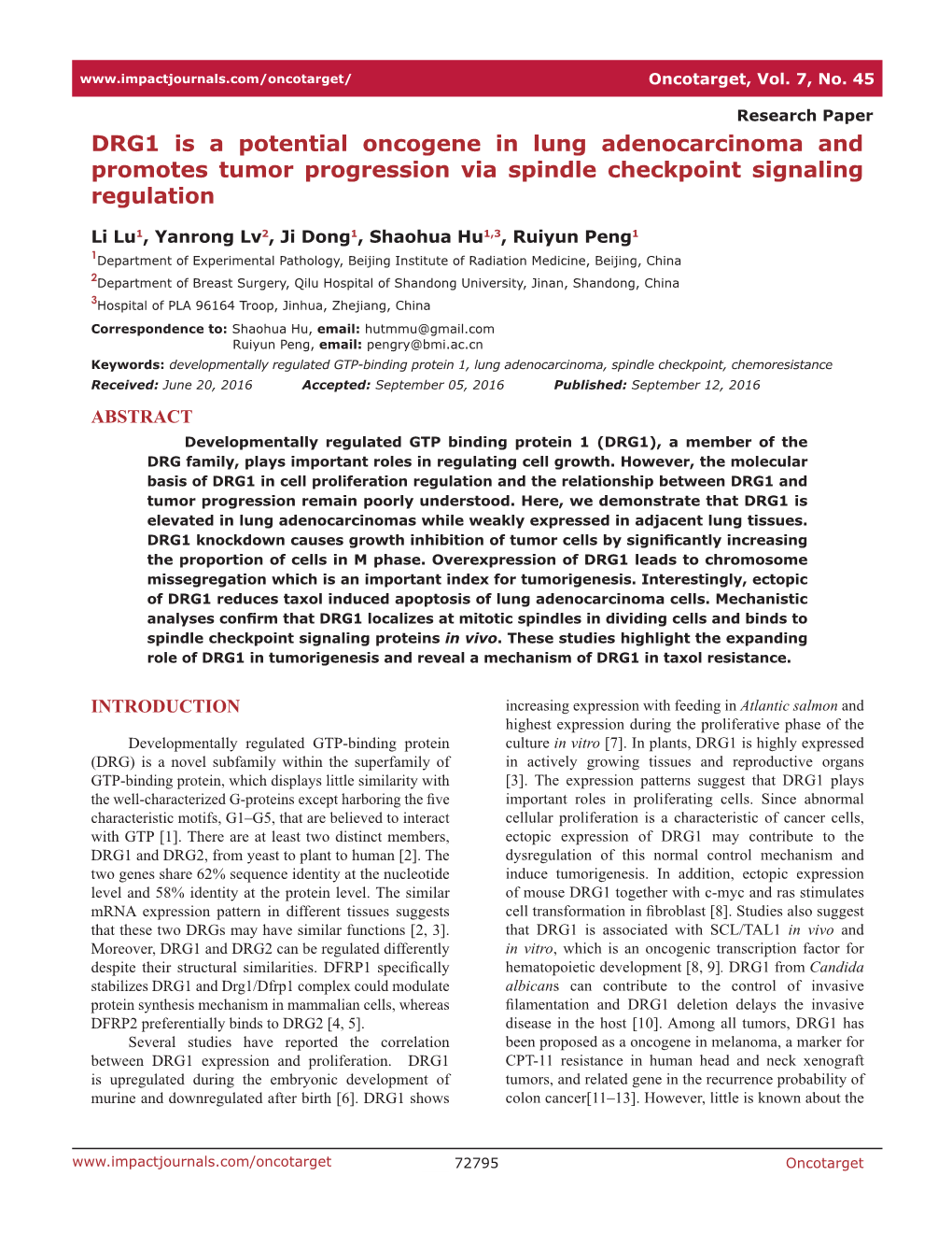 DRG1 Is a Potential Oncogene in Lung Adenocarcinoma and Promotes Tumor Progression Via Spindle Checkpoint Signaling Regulation