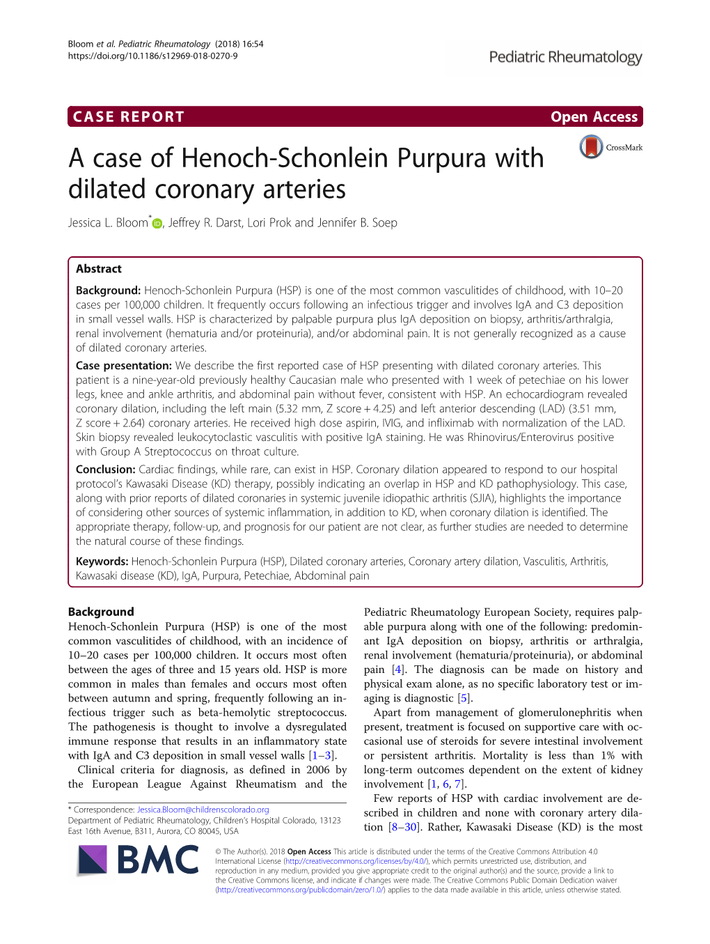 A Case of Henoch-Schonlein Purpura with Dilated Coronary Arteries Jessica L
