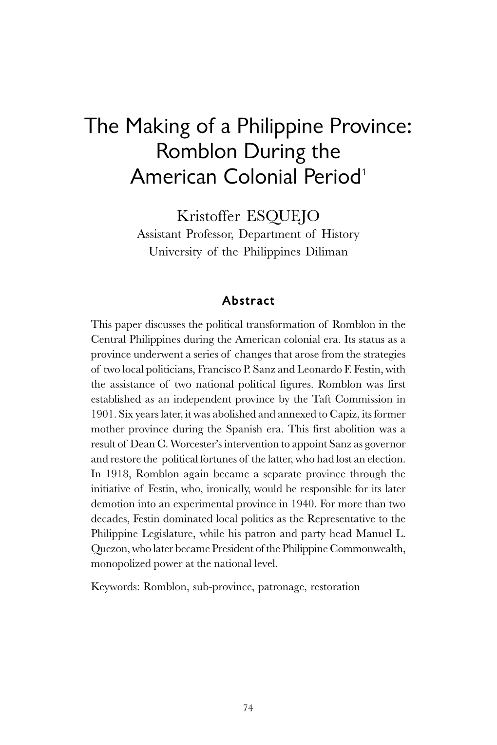 The Making of a Philippine Province: Romblon During the American Colonial Period1