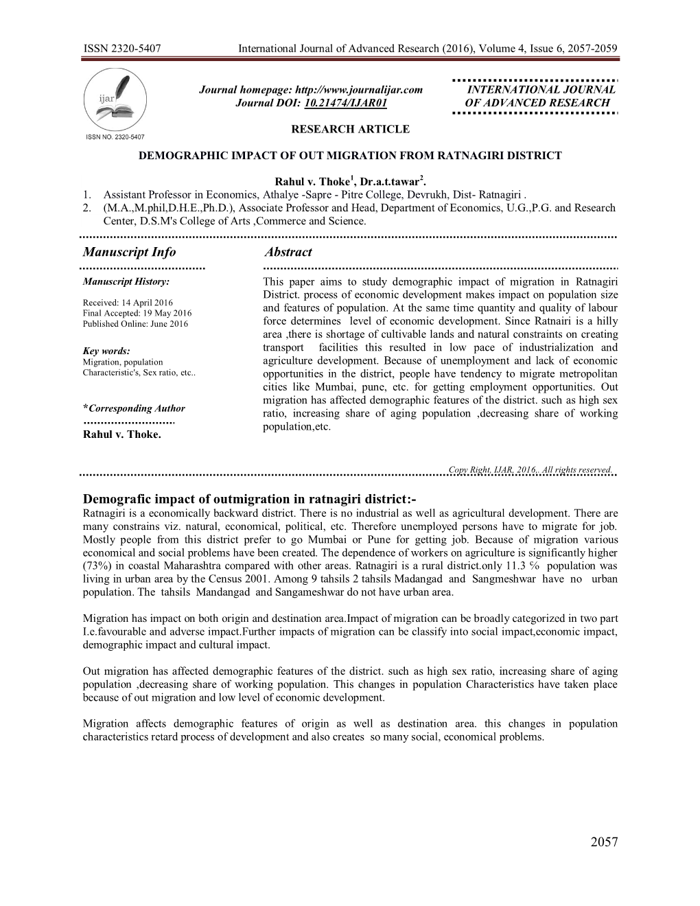 2057 Manuscript Info Abstract Demografic Impact of Outmigration in Ratnagiri District