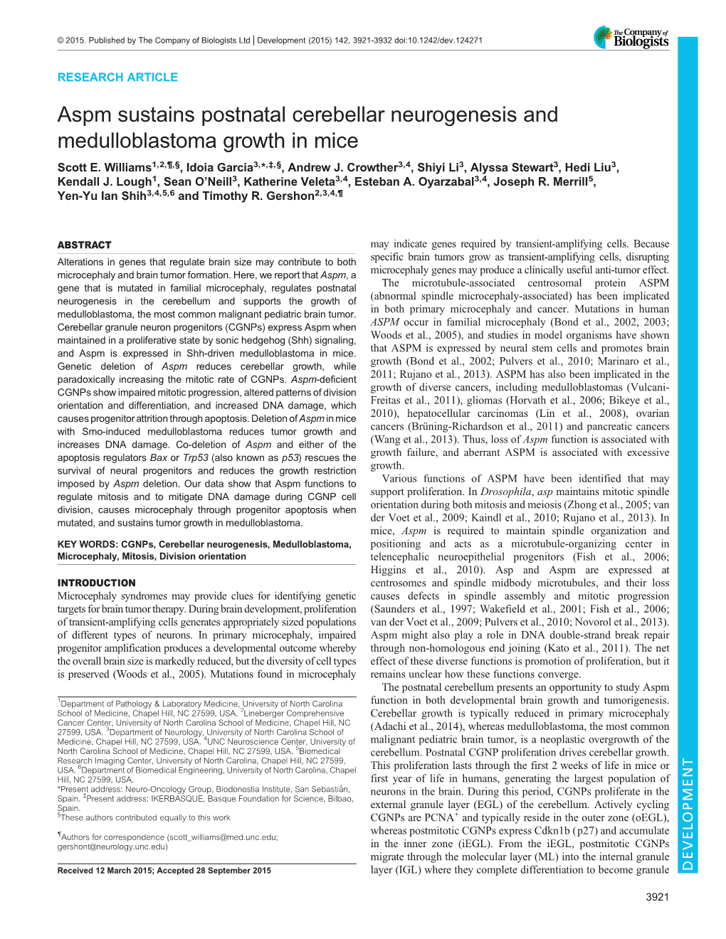 Aspm Sustains Postnatal Cerebellar Neurogenesis and Medulloblastoma Growth in Mice Scott E