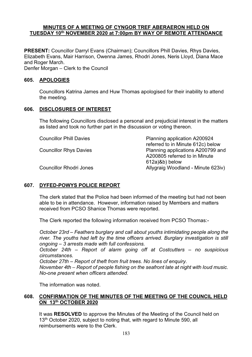 Minutes of a Meeting of Aberaeron Town Council Held on Tuesday 9Th September 2014 at Committee Room 1, Memorial Hall, Aberaeron