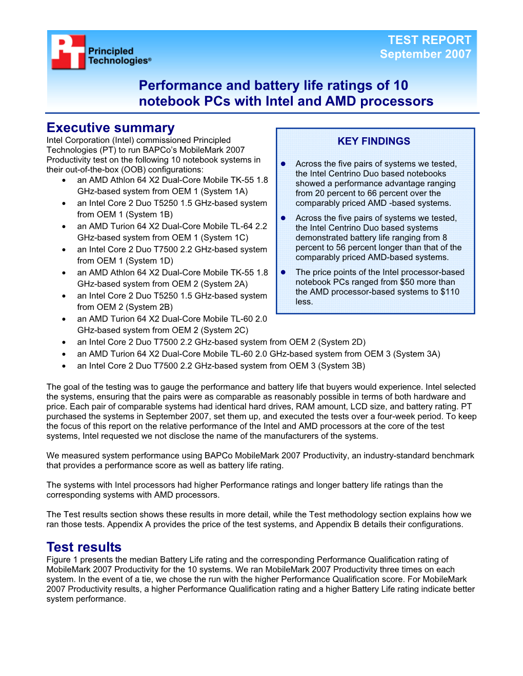 Performance and Battery Life Ratings of 10 Notebook Pcs with Intel and AMD Processors Executive Summary Test Results