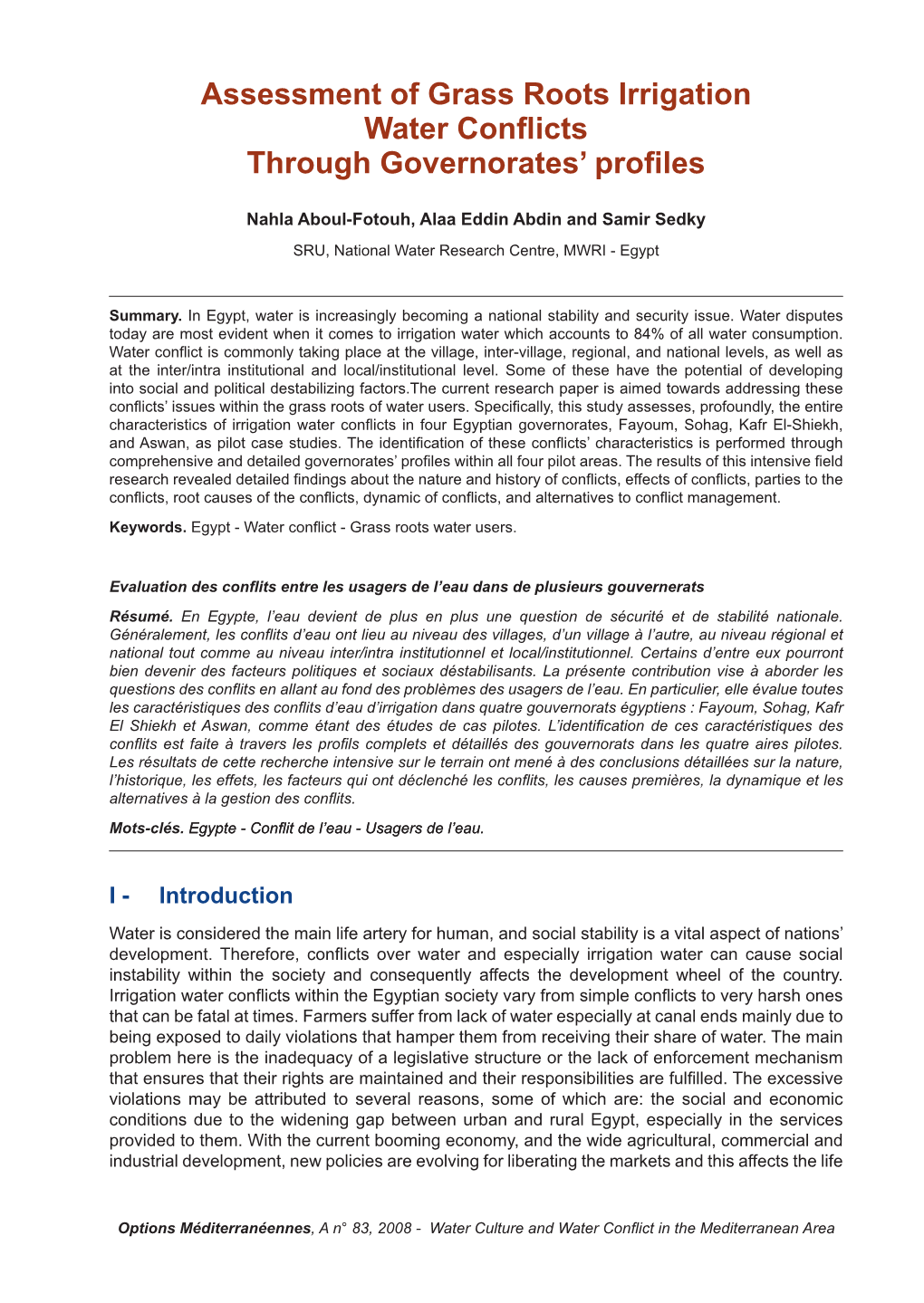 Assessment of Grass Roots Irrigation Water Conflicts Through Governorates’ Profiles