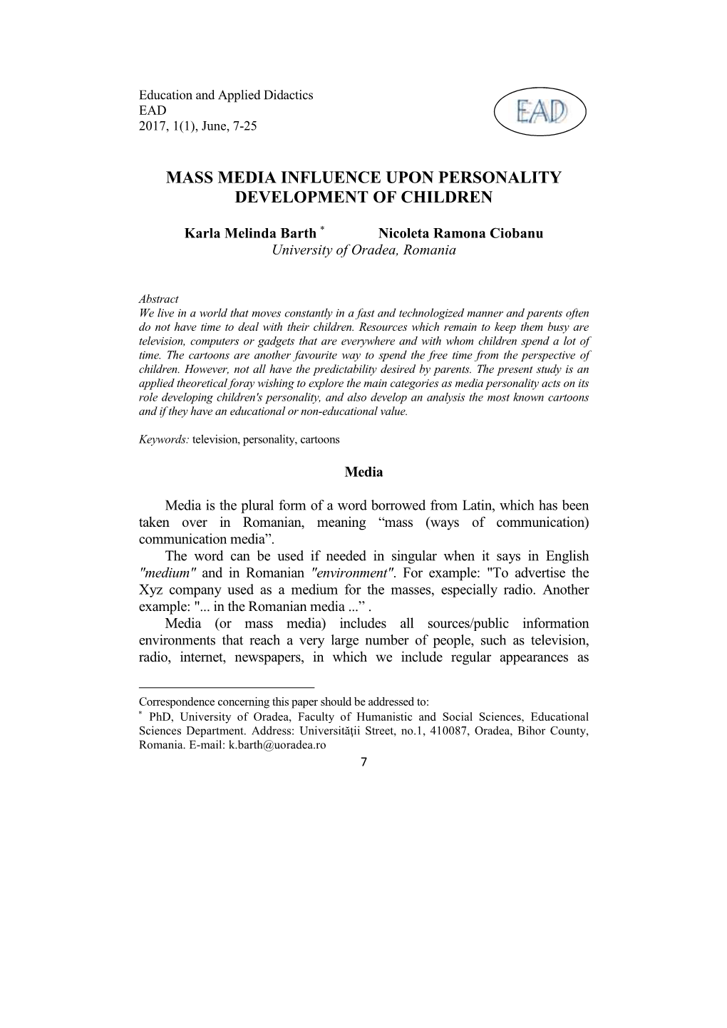 Mass Media Influence Upon Personality Development of Children