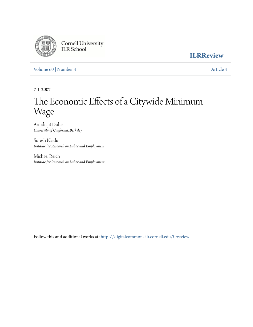 The Economic Effects of a Citywide Minimum Wage—San Francisco’S Adoption of an Indexed Minimum Wage, Set at $8.50 in 2004 and $9.14 by 2007