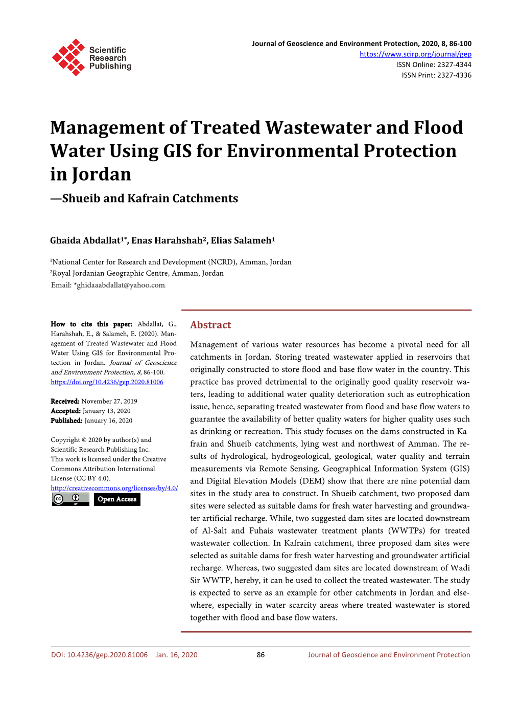 Management of Treated Wastewater and Flood Water Using GIS for Environmental Protection in Jordan —Shueib and Kafrain Catchments