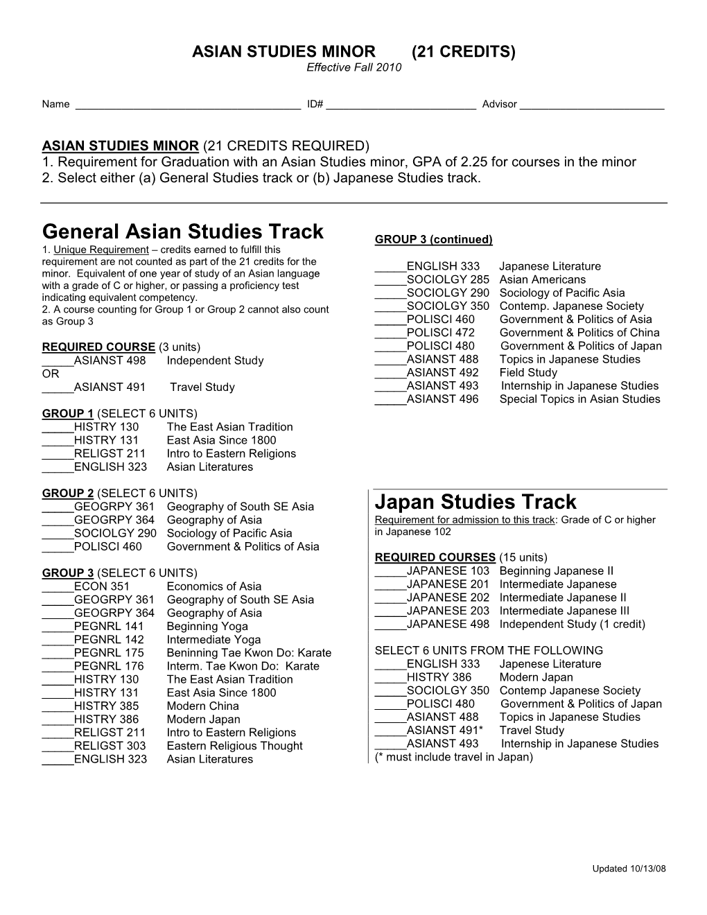 ASIAN STUDIES MINOR (21 CREDITS) Effective Fall 2010