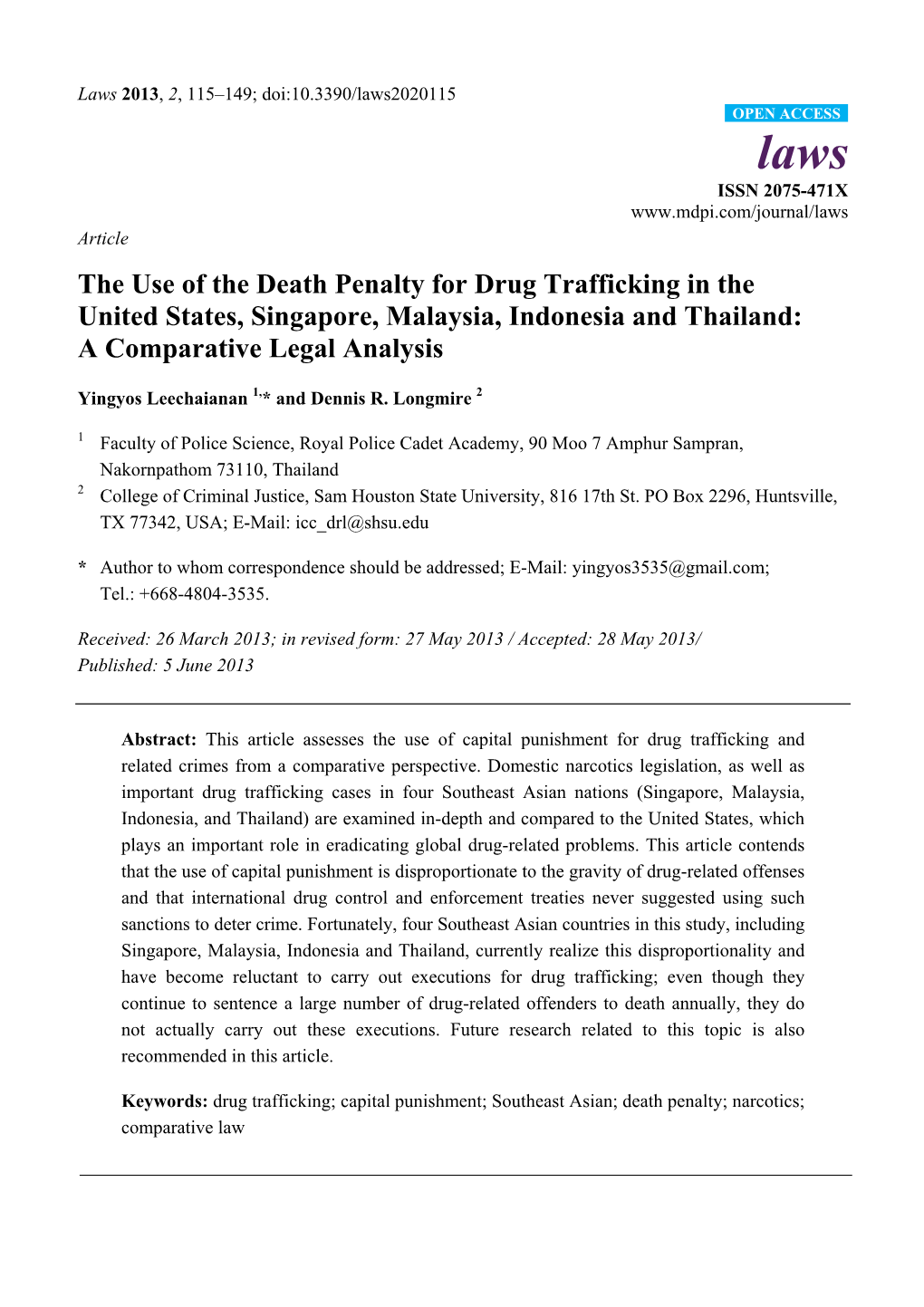 The Use of the Death Penalty for Drug Trafficking in the United States, Singapore, Malaysia, Indonesia and Thailand: a Comparative Legal Analysis