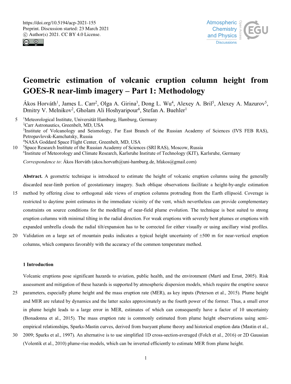 Geometric Estimation of Volcanic Eruption Column Height from GOES-R Near-Limb Imagery – Part 1: Methodology Ákos Horváth1, James L