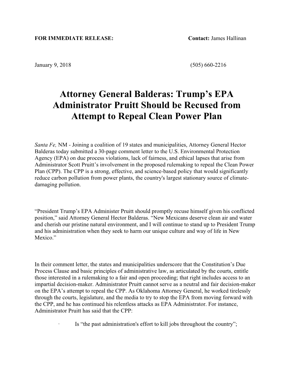 Attorney General Balderas: Trump's EPA Administrator Pruitt Should Be
