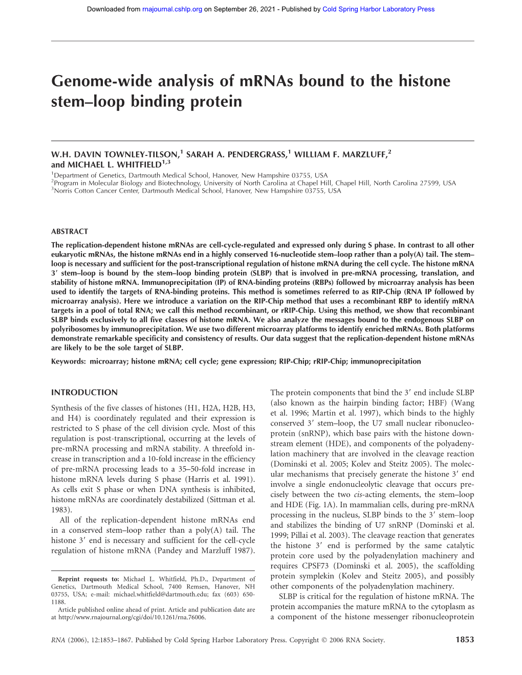 Genome-Wide Analysis of Mrnas Bound to the Histone Stem–Loop Binding Protein