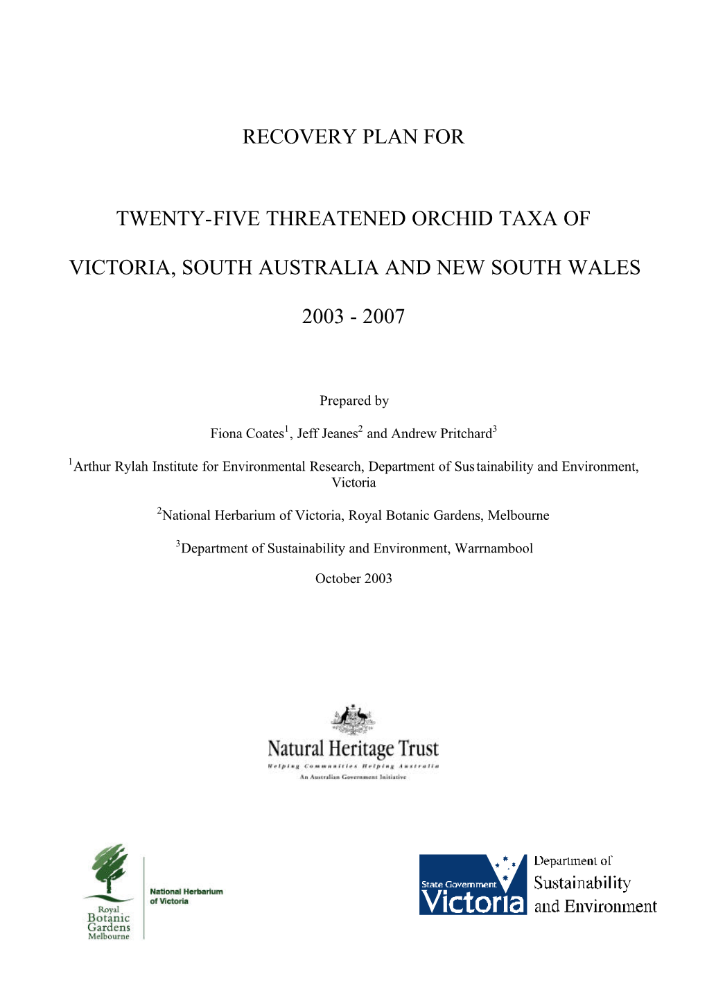 Recovery Plan for Twenty-Five Threatened Orchid Taxa of Victoria