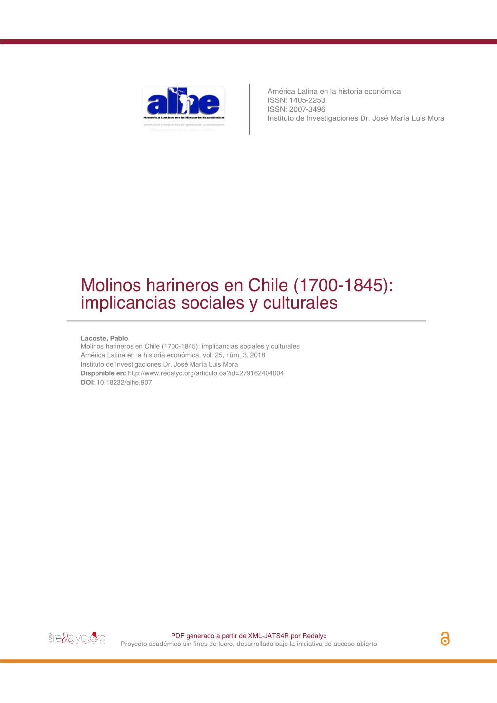 Molinos Harineros En Chile (1700-1845): Implicancias Sociales Y Culturales