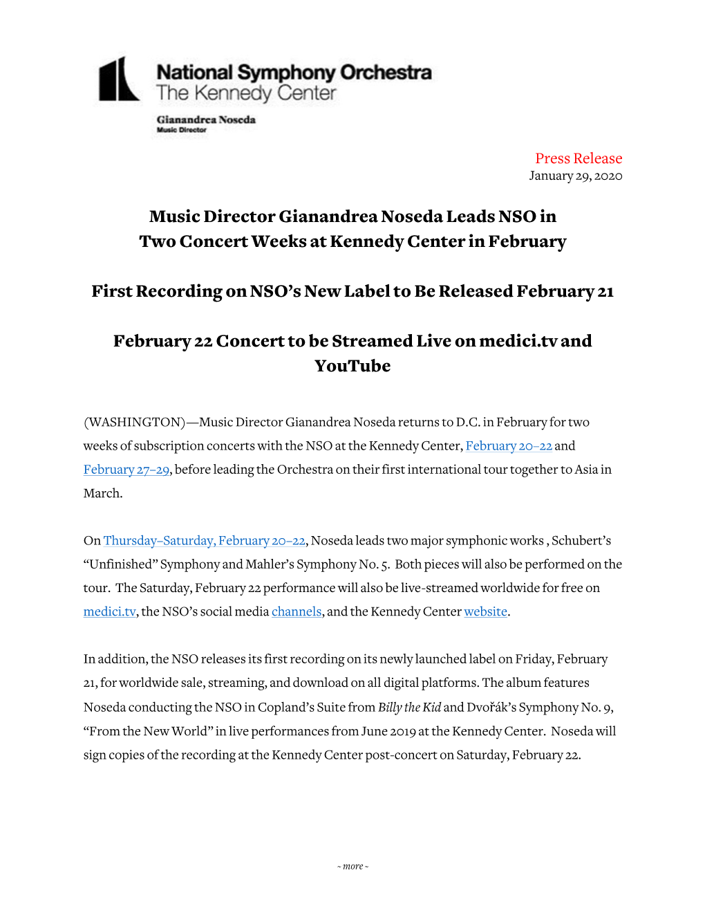 Music Director Gianandrea Noseda Leads NSO in Two Concert Weeks at Kennedy Center in February