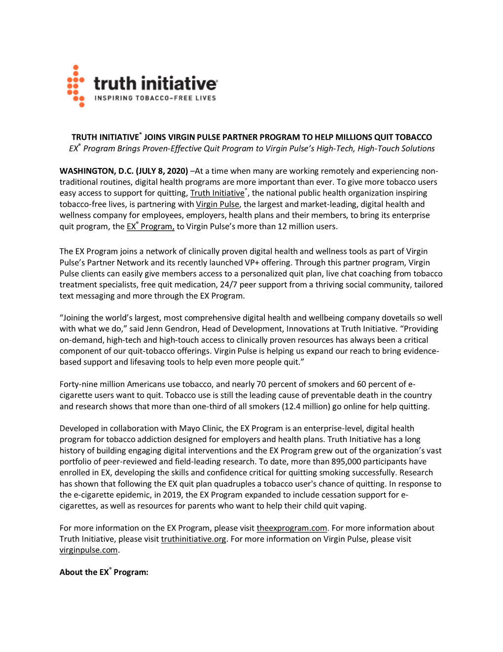 Truth Initiative® Joins Virgin Pulse Partner Program To