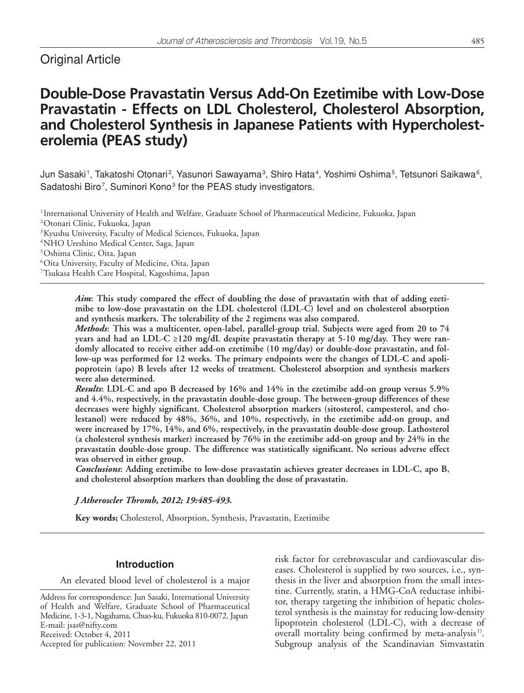 Effects on LDL Cholesterol, Cholesterol Absorption, and Cholesterol Synthesis in Japanese Patients with Hypercholest­ Erolemia (PEAS Study)