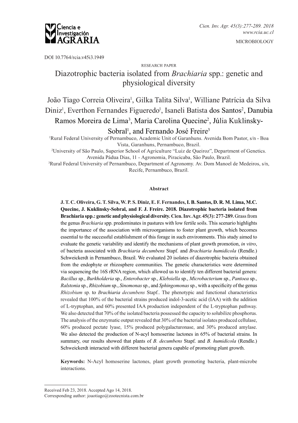 Diazotrophic Bacteria Isolated from Brachiaria Spp.: Genetic and Physiological Diversity