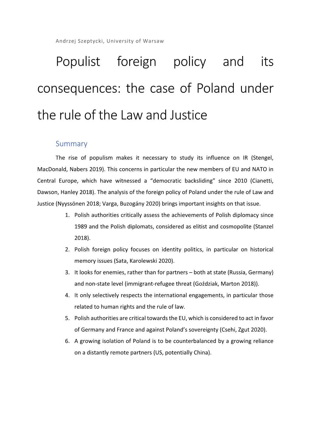 Populist Foreign Policy and Its Consequences: the Case of Poland Under the Rule of the Law and Justice