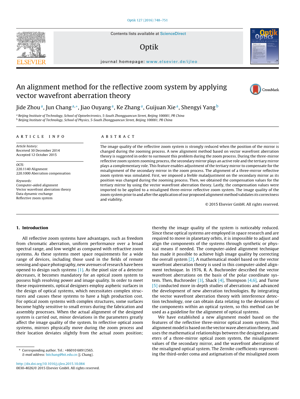 An Alignment Method for the Reflective Zoom System by Applying Vector