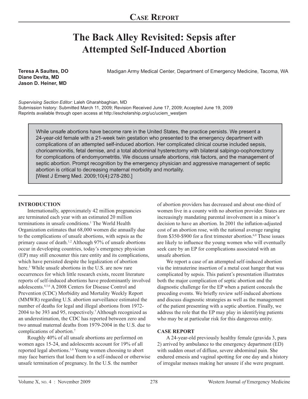 Sepsis After Attempted Self-Induced Abortion