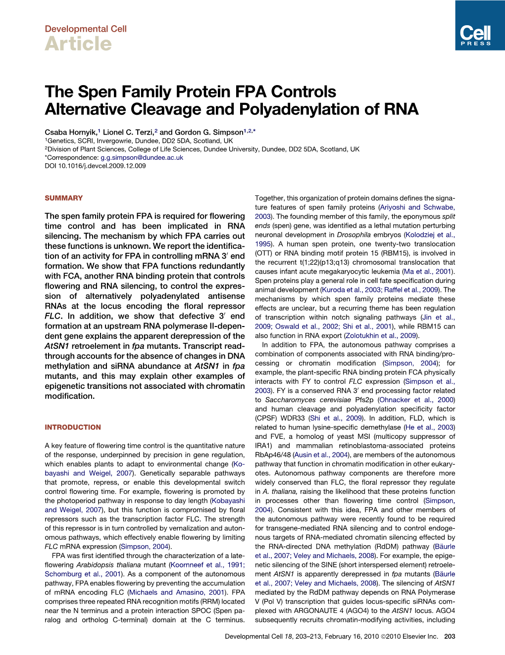 The Spen Family Protein FPA Controls Alternative Cleavage and Polyadenylation of RNA