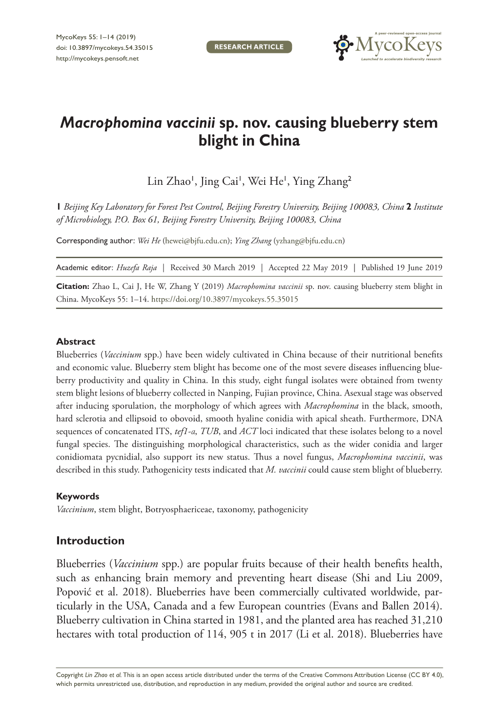 Macrophomina Vaccinii Sp. Nov. Causing Blueberry Stem Blight in China