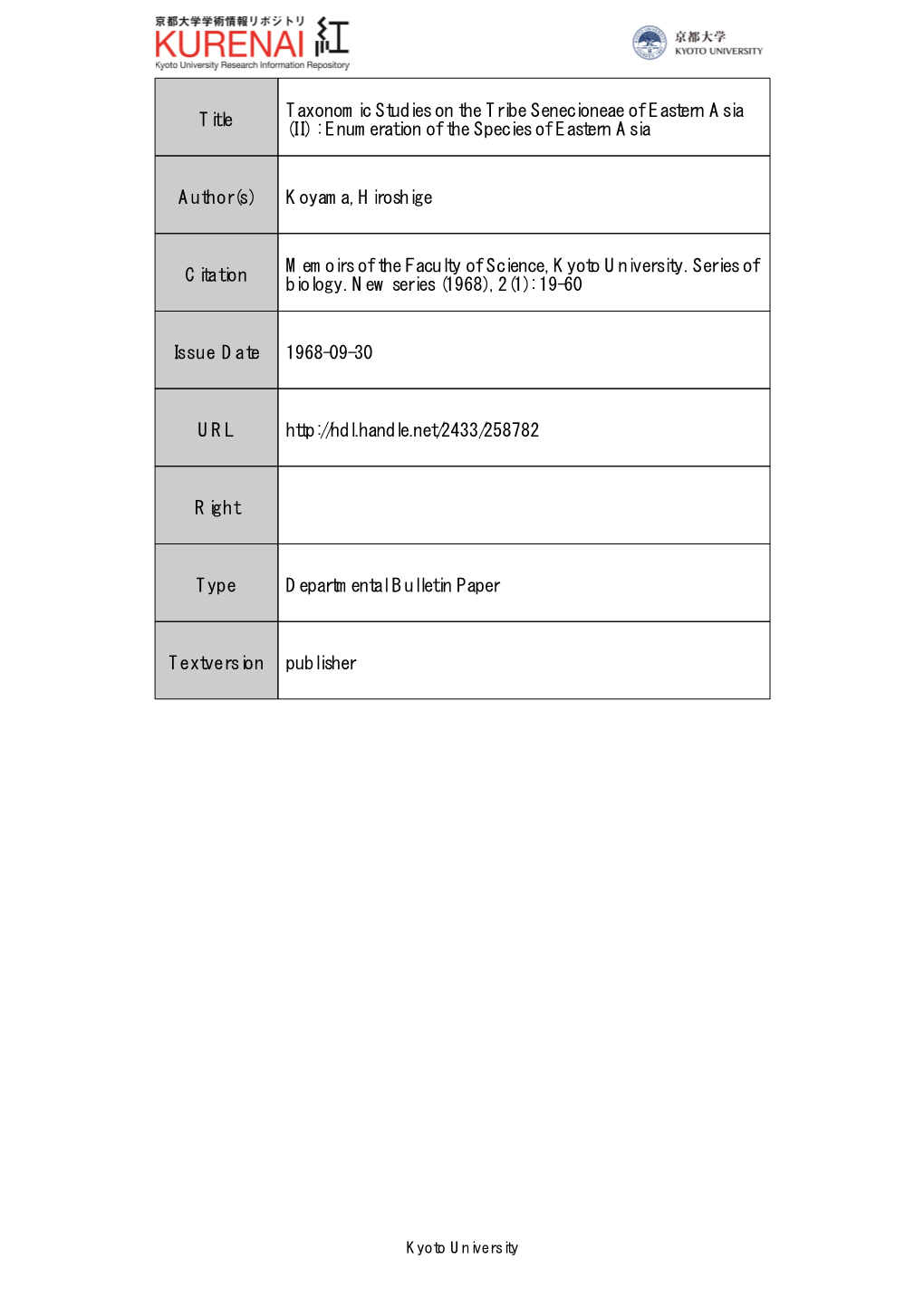 Enumeration of the Species of Eastern Asia Author(S)