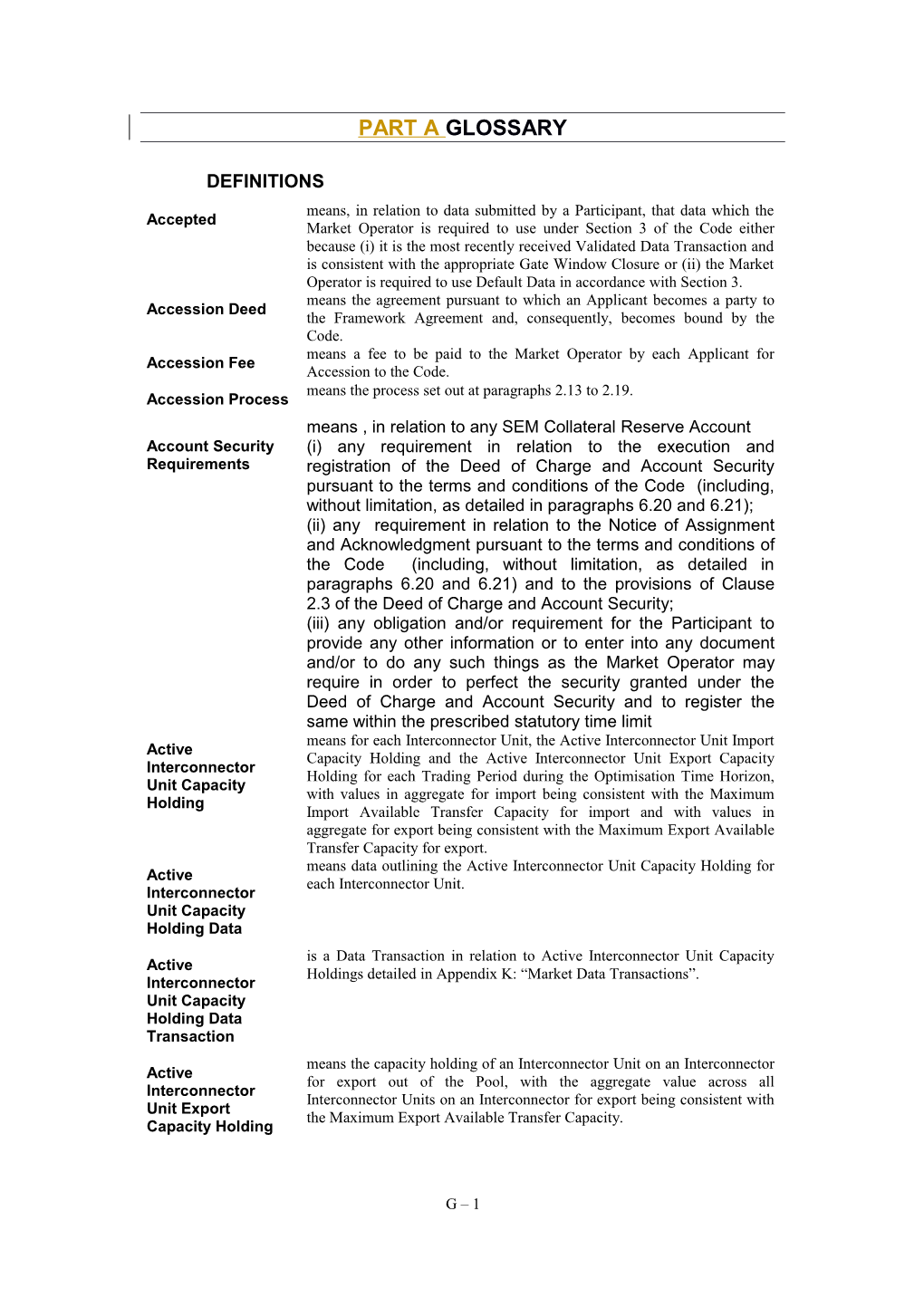 SEM Trading and Settlement Code Part a Glossary Marked Up