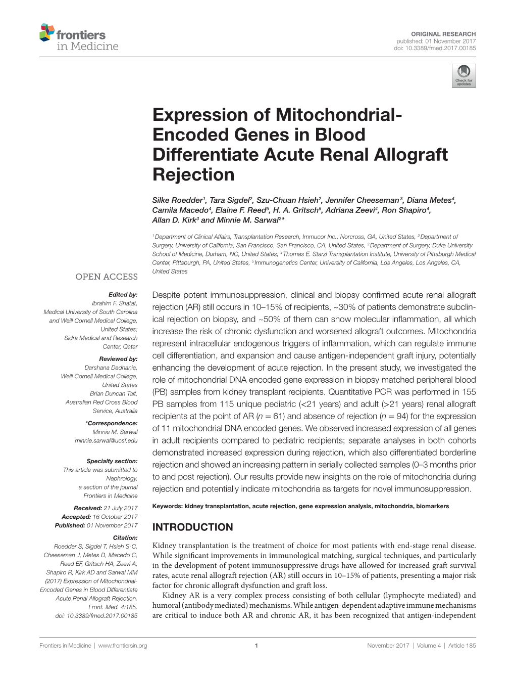 Expression of Mitochondrial-Encoded Genes in Blood Differentiate Acute