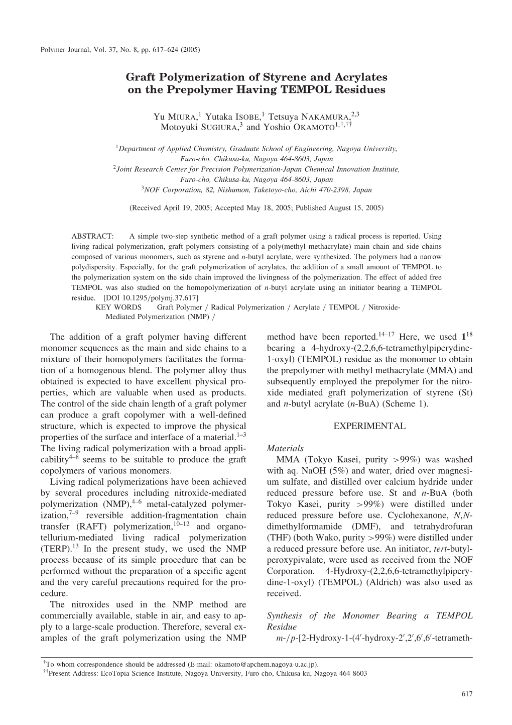 Graft Polymerization of Styrene and Acrylates on the Prepolymer Having TEMPOL Residues