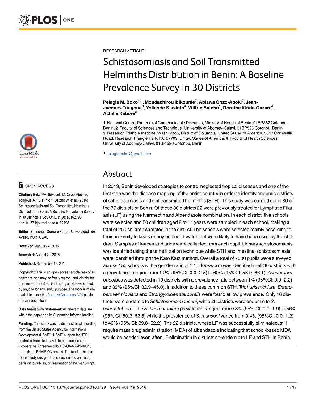 Schistosomiasis and Soil Transmitted Helminths Distribution in Benin: A