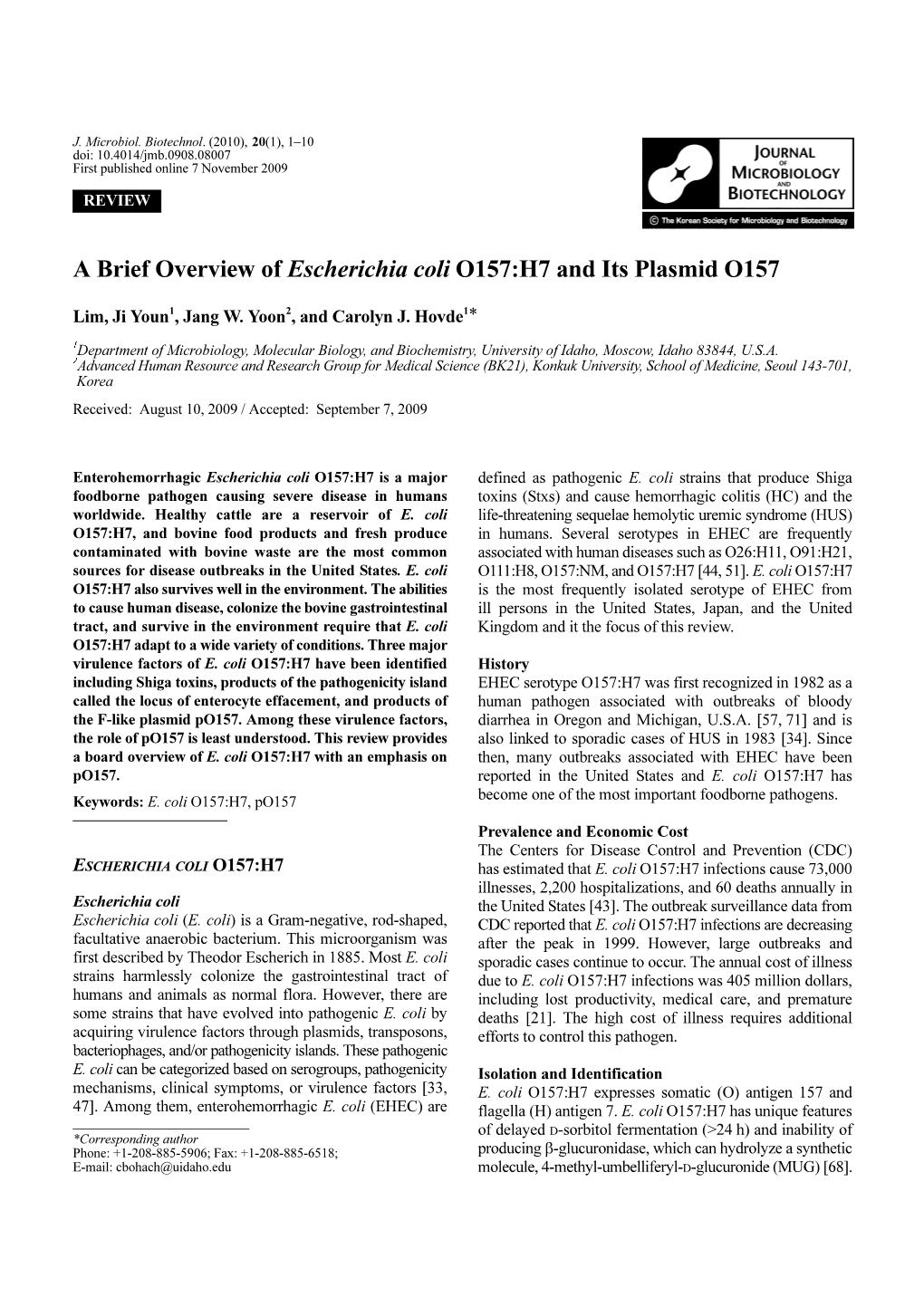 A Brief Overview of Escherichia Coli O157:H7 and Its Plasmid O157