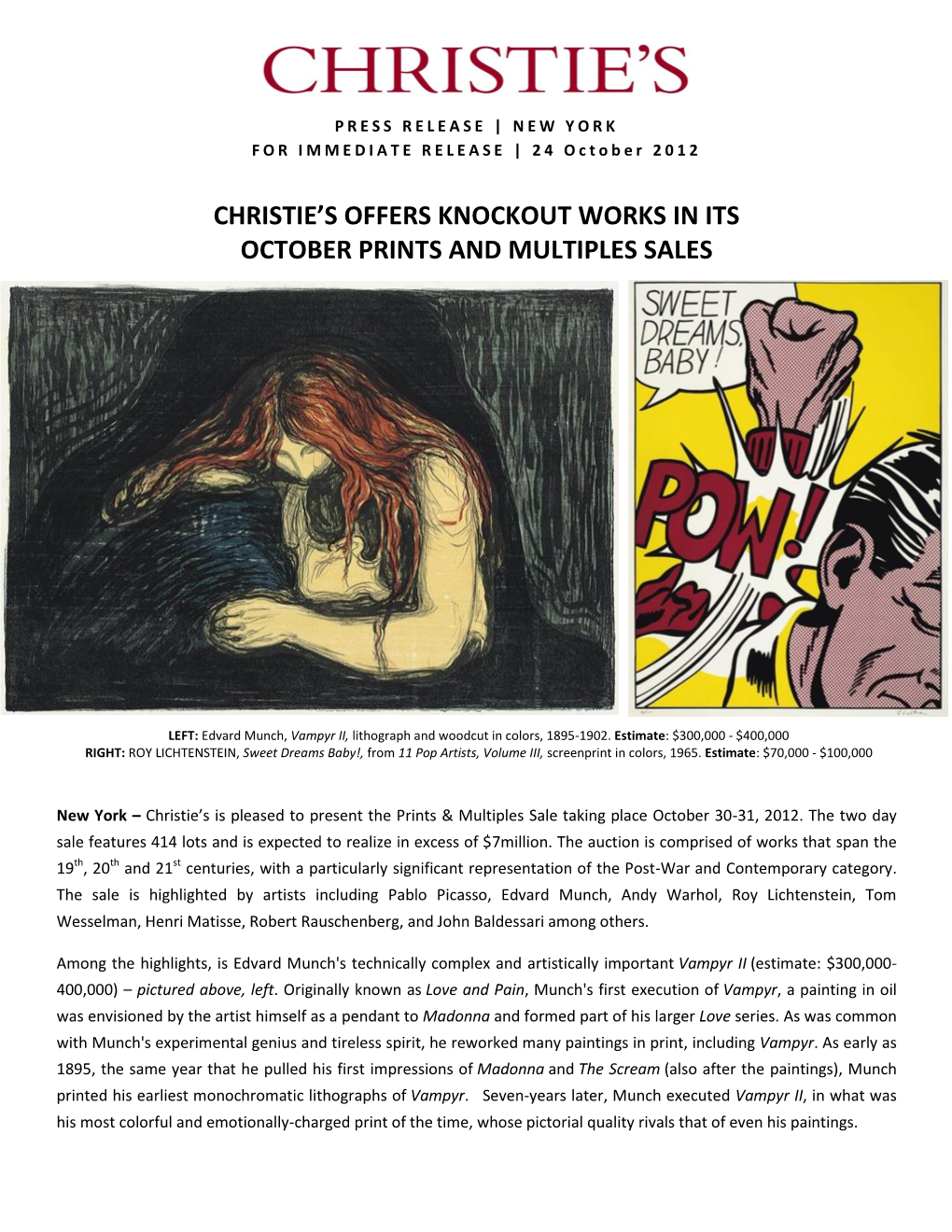 Christie's Offers Knockout Works in Its October Prints
