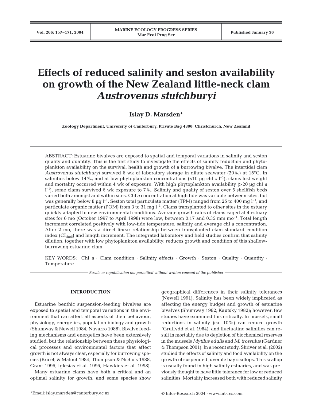 Effects of Reduced Salinity and Seston Availability on Growth of the New Zealand Little-Neck Clam Austrovenus Stutchburyi