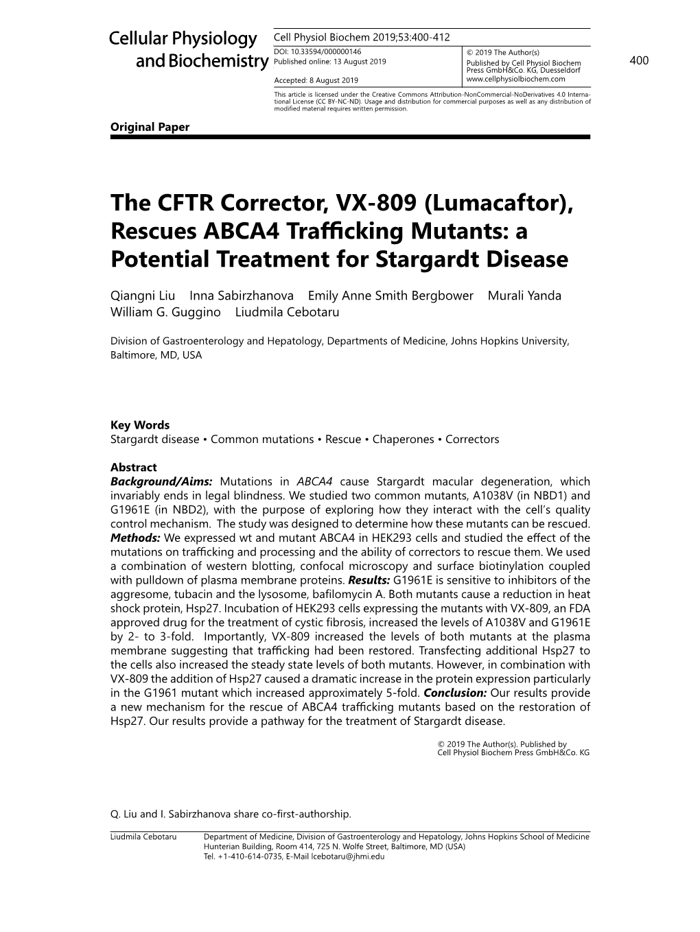 The CFTR Corrector, VX-809 (Lumacaftor), Rescues ABCA4 Trafficking Mutants: a Potential Treatment for Stargardt Disease