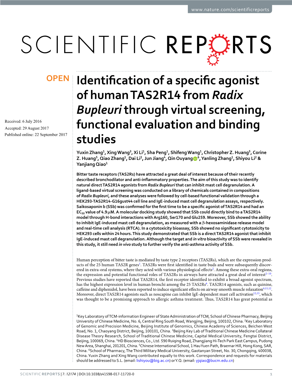 Identification of a Specific Agonist of Human TAS2R14 from Radix